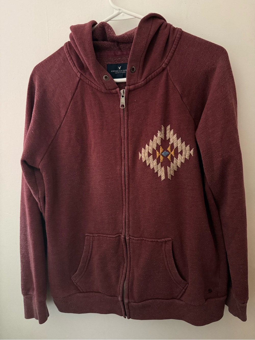 American Eagle Outfitters Maroon Zip Hoodie with Aztec Chest Embroidery